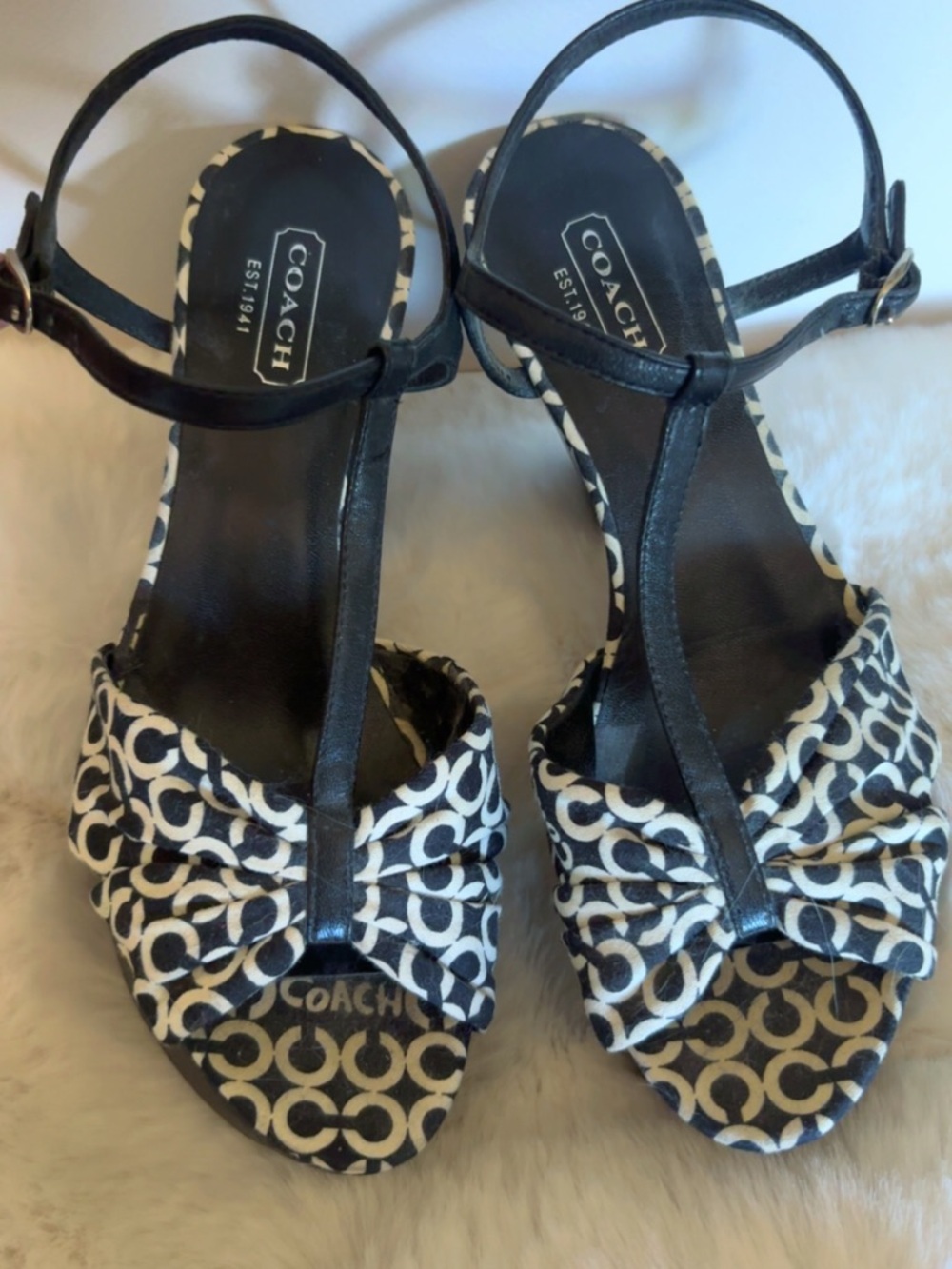 Coach Black and White T-Strap Logo Bow Sandals